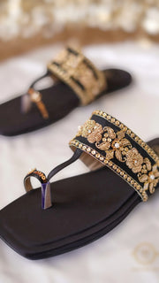 Back Satin T-Shape Kohlapuris with Kora Dabka and Swarovski Stones For Women
