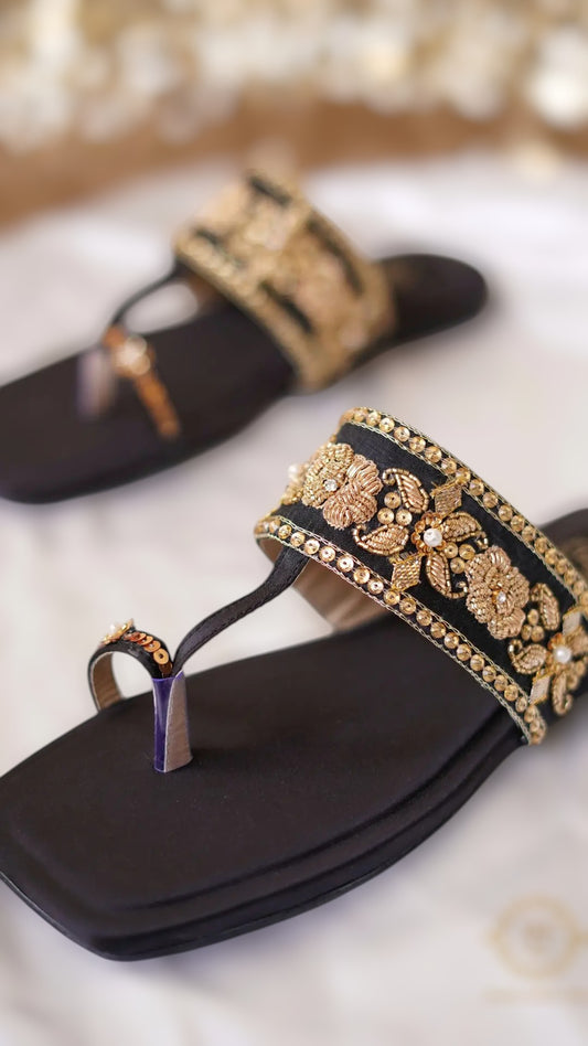 Back Satin T-Shape Kohlapuris with Kora Dabka and Swarovski Stones For Women