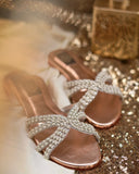 Asmara Rose Gold Slides - Handstitched Crystals on Shiny Rose Gold Base For Women