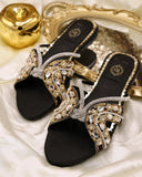 Anastasia Black Slides - Hand-Stitched Silk Satin with Crystals & Zardozi Detailing For Women