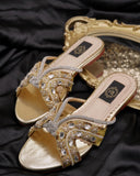 Anastasia Gold Slides - Hand-Stitched Leather with Crystals & Zardozi Embellishments For Women