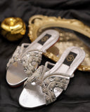 Anastasia Silver Slides - Hand-Stitched Leather Embellished with Crystals & Zardozi For Women