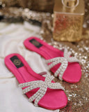 Asmara Fuchsia Pink Slides - Handstitched Crystals on Rose Gold Base For Women