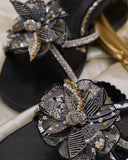 Floral Fantasy Black Slides - 3D Floral Kora Dabka & Zardozi Embellishment For Women