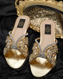 Anastasia Gold Slides - Hand-Stitched Leather with Crystals & Zardozi Embellishments For Women