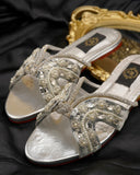 Anastasia Silver Slides - Hand-Stitched Leather Embellished with Crystals & Zardozi For Women