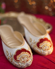 Stylish Ivory Backless Jutties with Maroon Velvet Appliqué and Zardozi Work For Women
