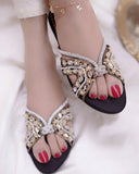 Anastasia Black Slides - Hand-Stitched Silk Satin with Crystals & Zardozi Detailing For Women