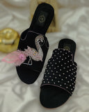 Flamingo Black Slider - Bead, Crystal & Cut Dana Crafted with Soft Padded Cushion Soles For Women