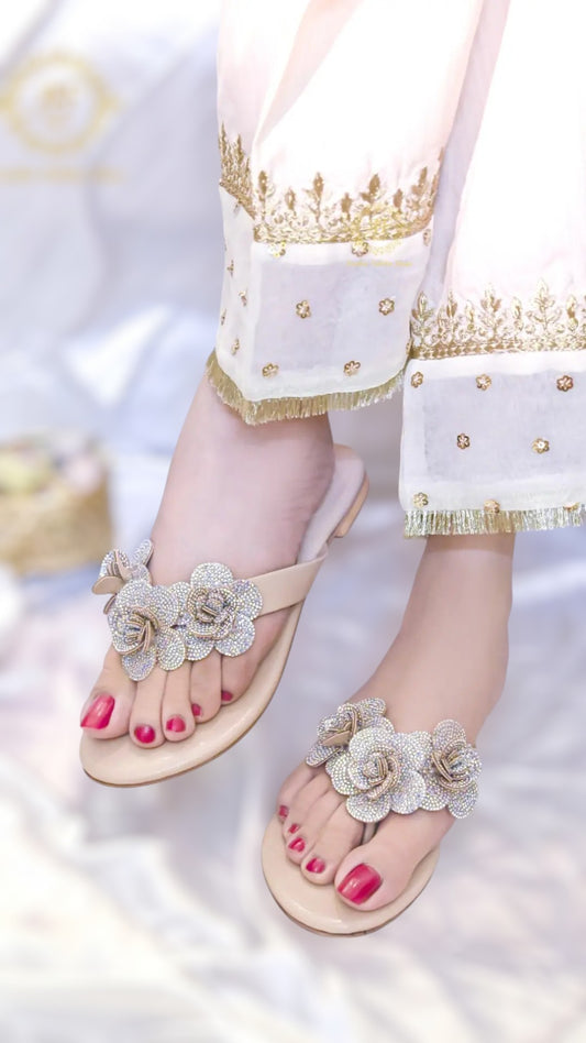 Rosatte Peach Pink , Gold , Black & Beige Faux Leather Slides For Women