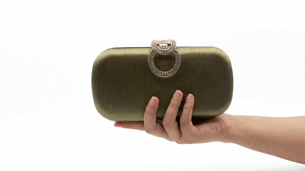 Olive Green Crystal Luxe Satin Clutch For Women