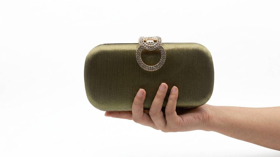 Olive Green Crystal Luxe Satin Clutch For Women
