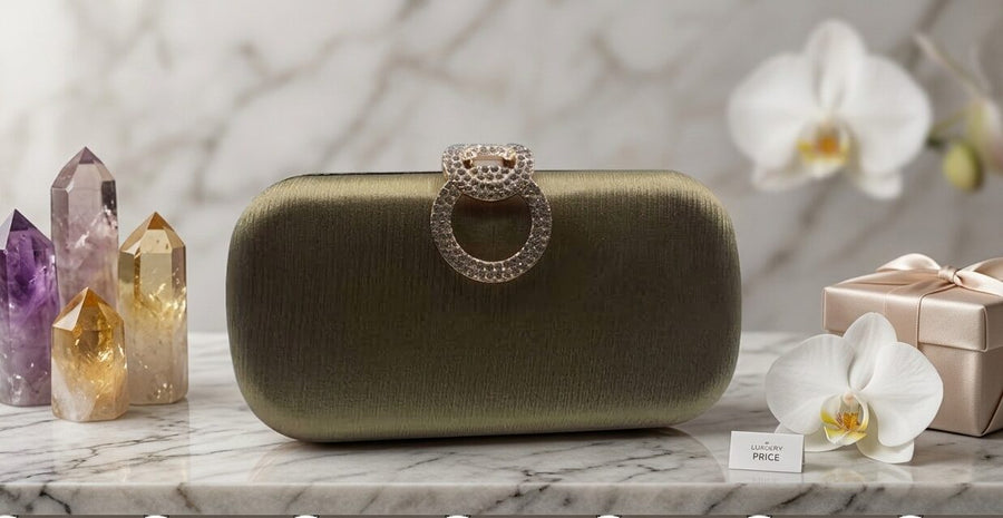 Olive Green Crystal Luxe Satin Clutch For Women