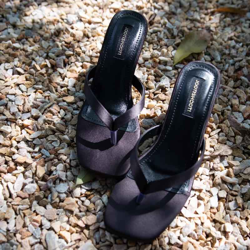 Nina Charcoal – Black Silk Strap Kitten Heels For Women