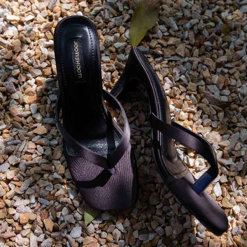 Nina Charcoal – Black Silk Strap Kitten Heels For Women