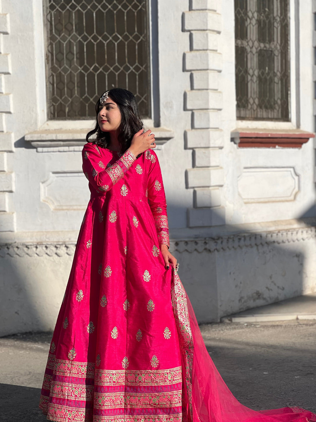 Hot Pink Gulnaar Royal Raw Silk Maxi For Women