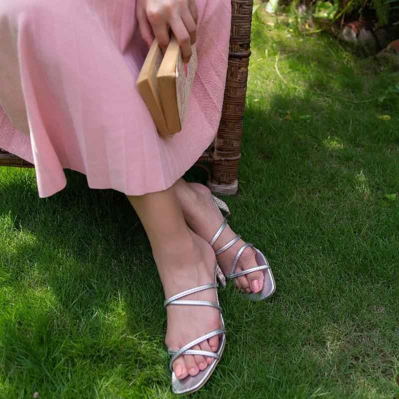 Starlight – Silver Strappy Block Heel Sandals For Women