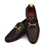 Chocolate-Brown Leather With Golden Buckle Shoes for Men