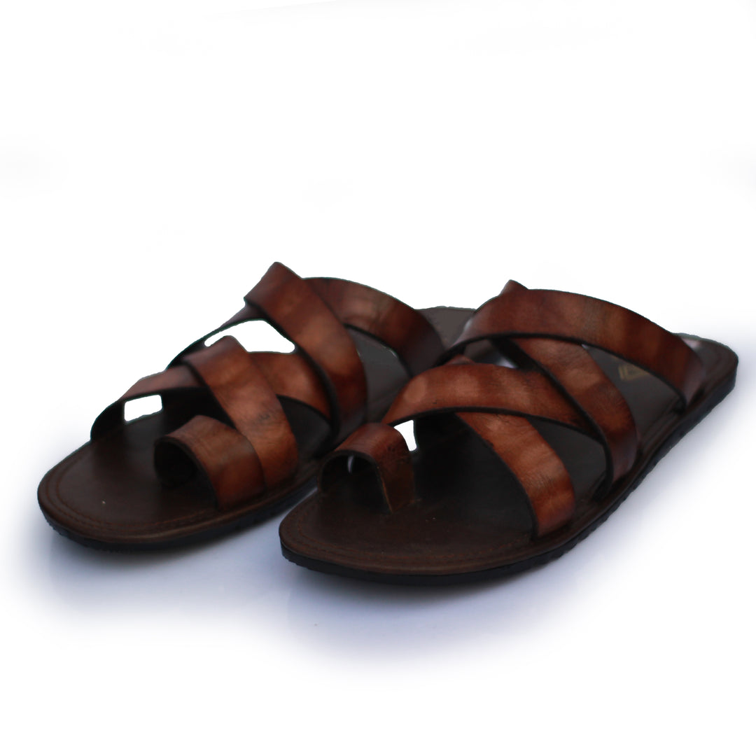 Brown Color Stripe Style Leather Slippers For Men