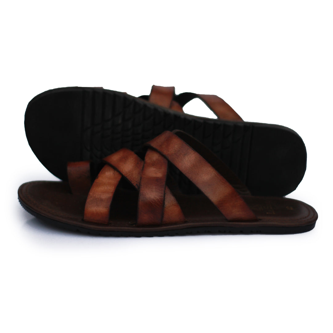 Brown Color Stripe Style Leather Slippers For Men