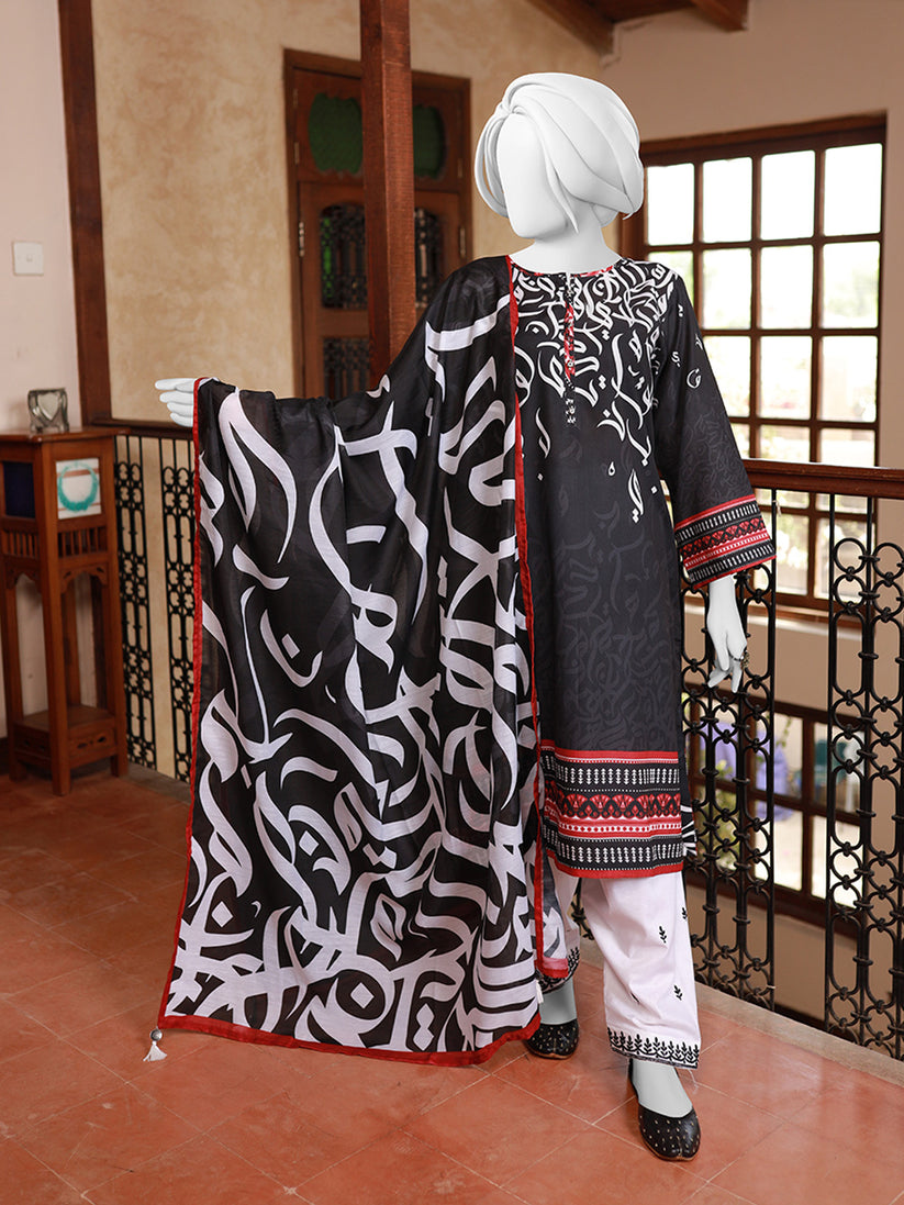 Black, White & Blue Color Calligraphed Printed Two-Piece Unstitched Suit For Women