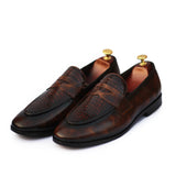 Brown Polished Printed Leather With Golden Buckle Shoes For Men