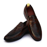 Brown Polished Printed Leather With Golden Buckle Shoes For Men