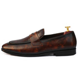 Brown Polished Printed Leather With Golden Buckle Shoes For Men