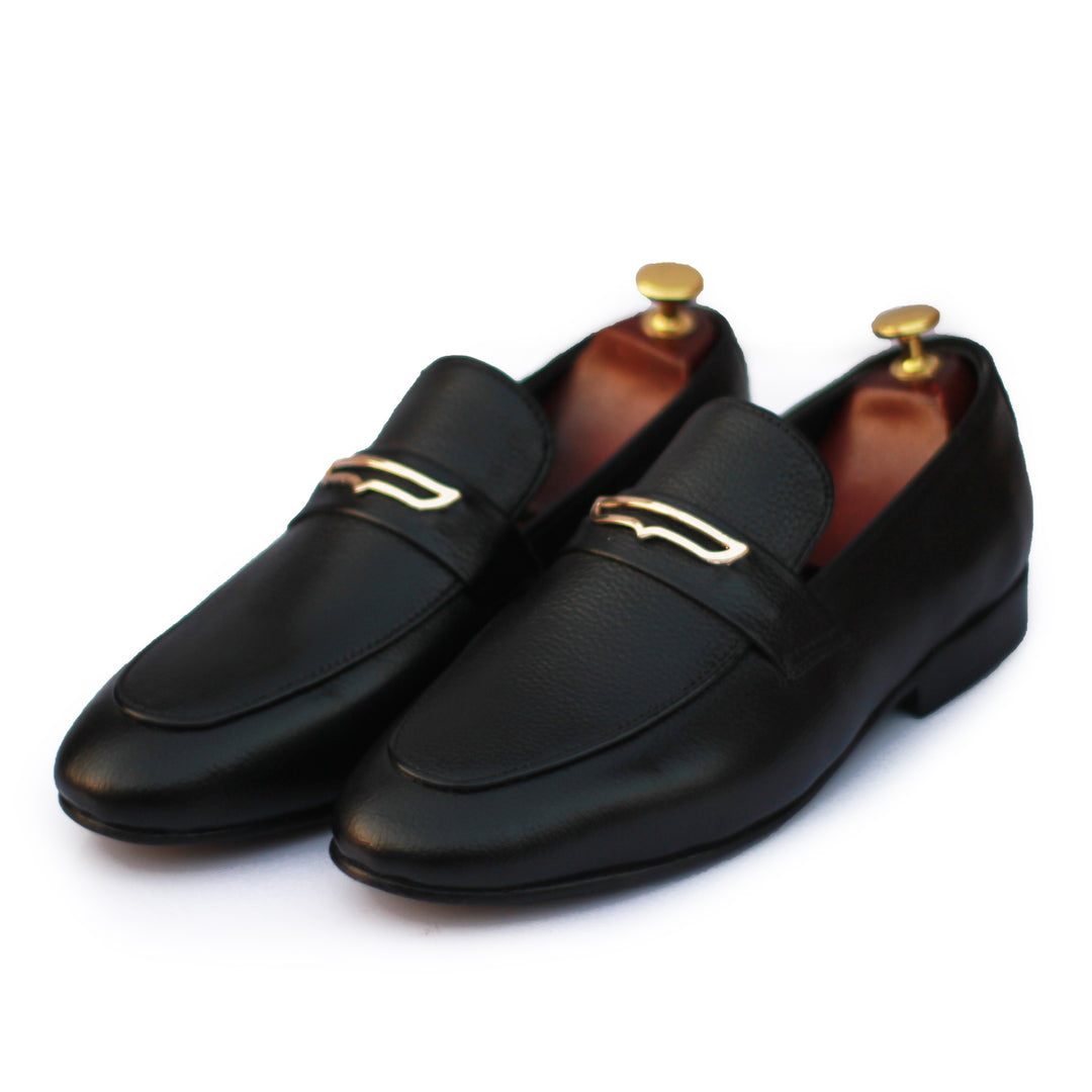 Black Leather With Golden Buckle Shoes For Men