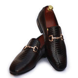 Brown Polished Printed Leather With Golden Buckle Shoes For Men