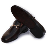 Brown Polished Printed Leather With Golden Buckle Shoes For Men