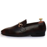 Brown Polished Printed Leather With Golden Buckle Shoes For Men