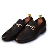 Brown Polished Printed Leather With Golden Buckle Shoes For Men