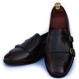 Brown Polished Printed Leather With Golden Buckle Shoes For Men