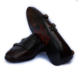 Brown Polished Printed Leather With Golden Buckle Shoes For Men