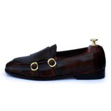 Brown Polished Printed Leather With Golden Buckle Shoes For Men