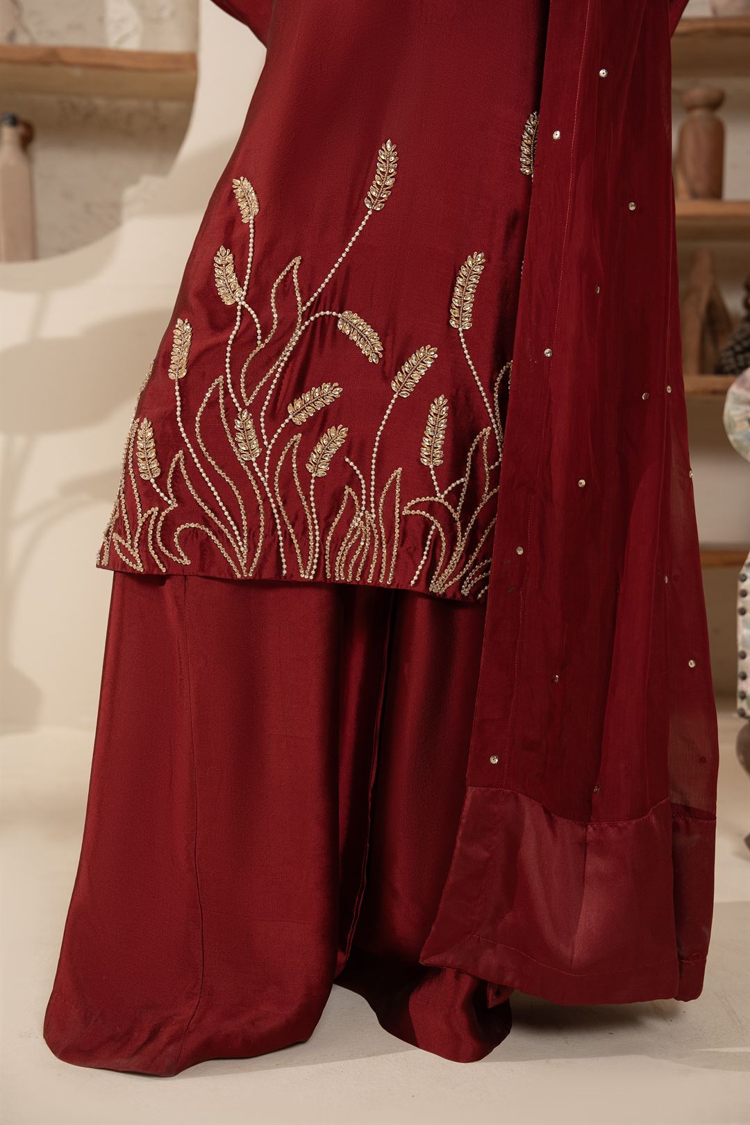 Maroon Silk 3-Piece Handwork Sharara Suit For Women