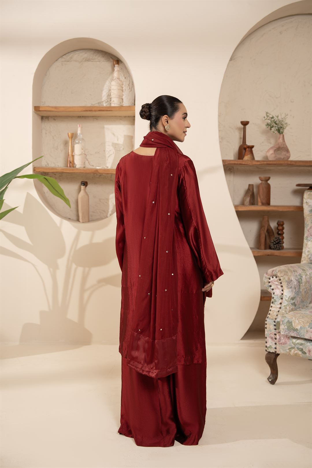 Maroon Silk 3-Piece Handwork Sharara Suit For Women