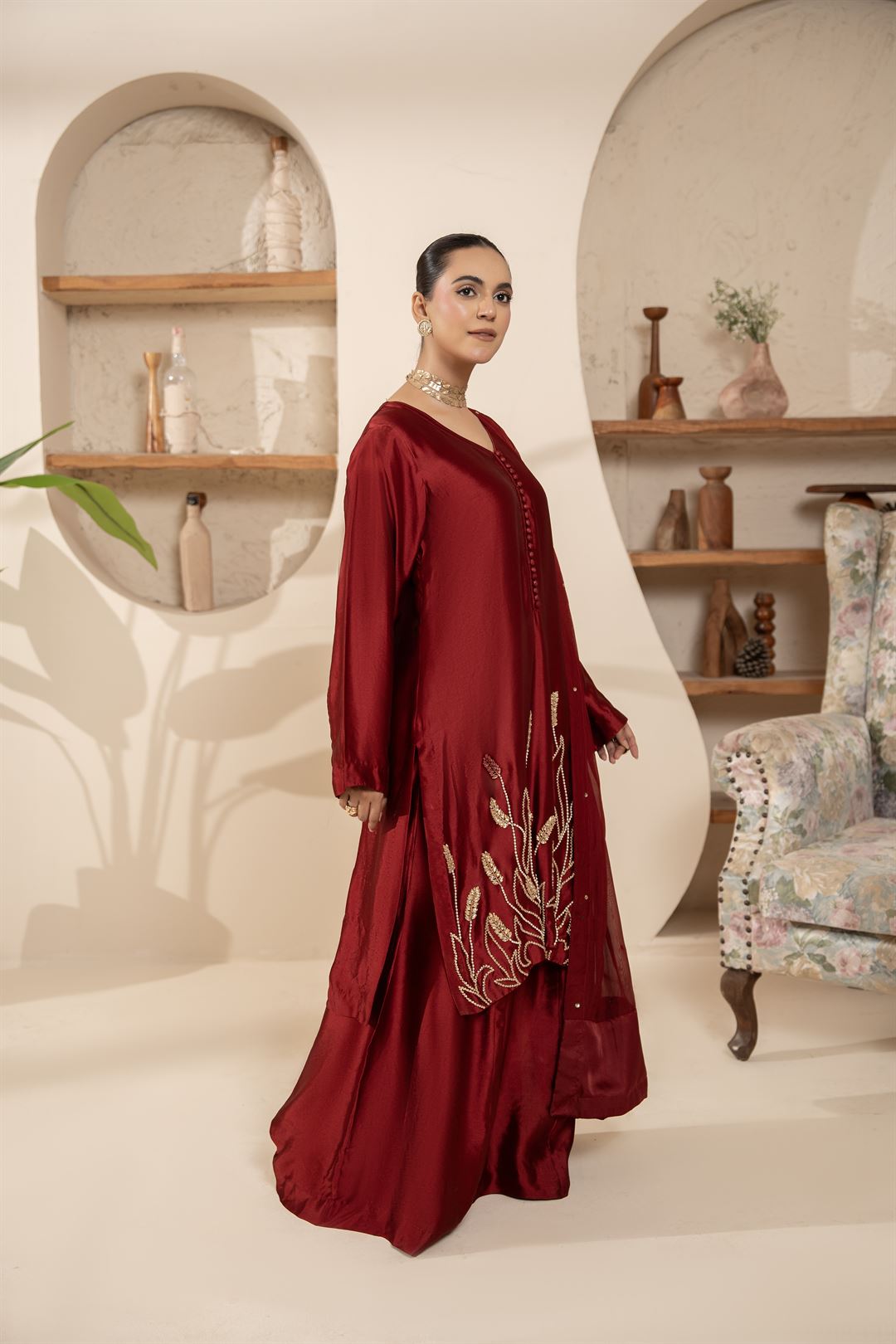 Maroon Silk 3-Piece Handwork Sharara Suit For Women