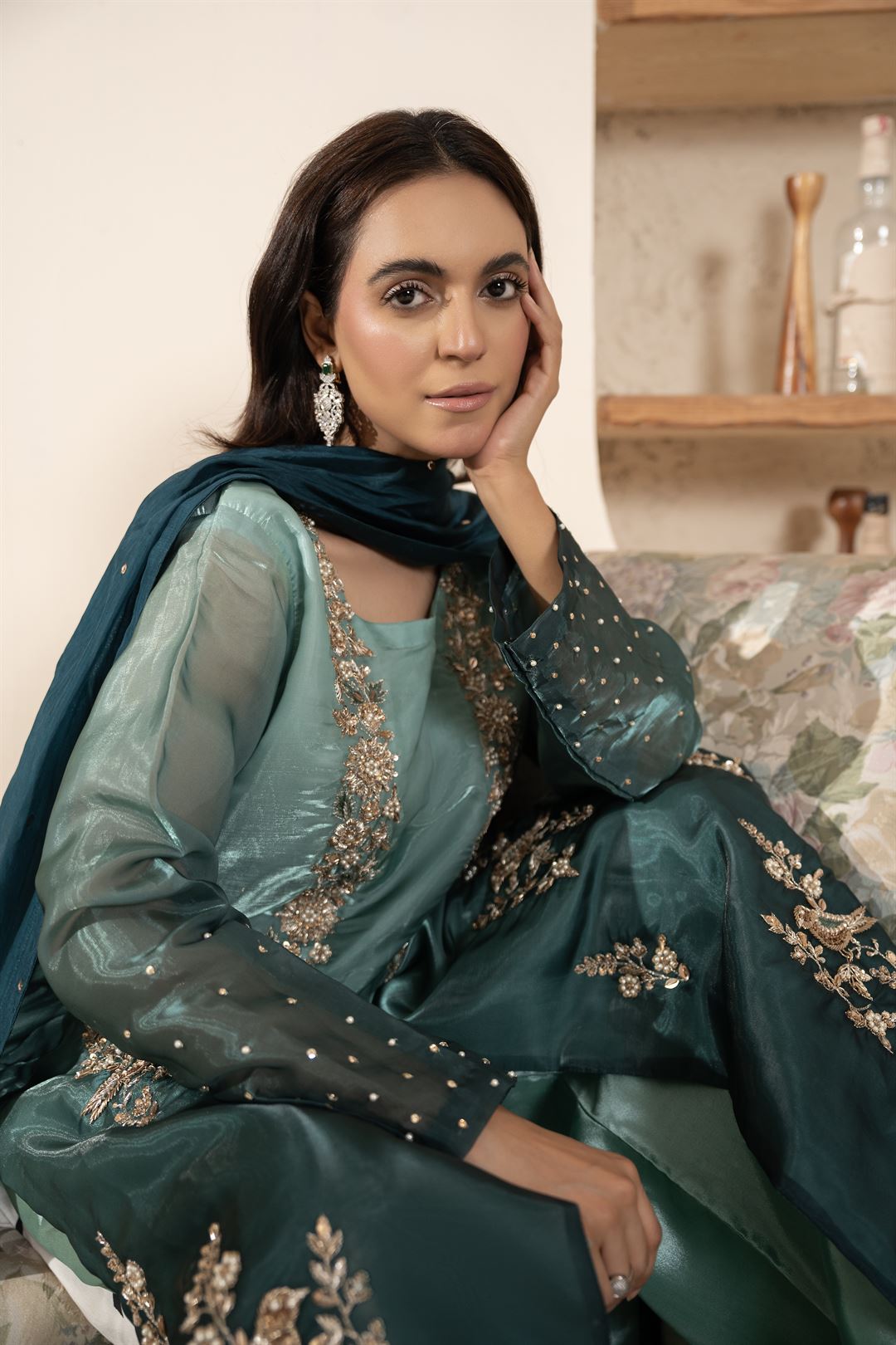 Luxury Teal & Sea Green 3-Piece Embroidered Silk Suit For Women