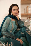 Luxury Teal & Sea Green 3-Piece Embroidered Silk Suit For Women