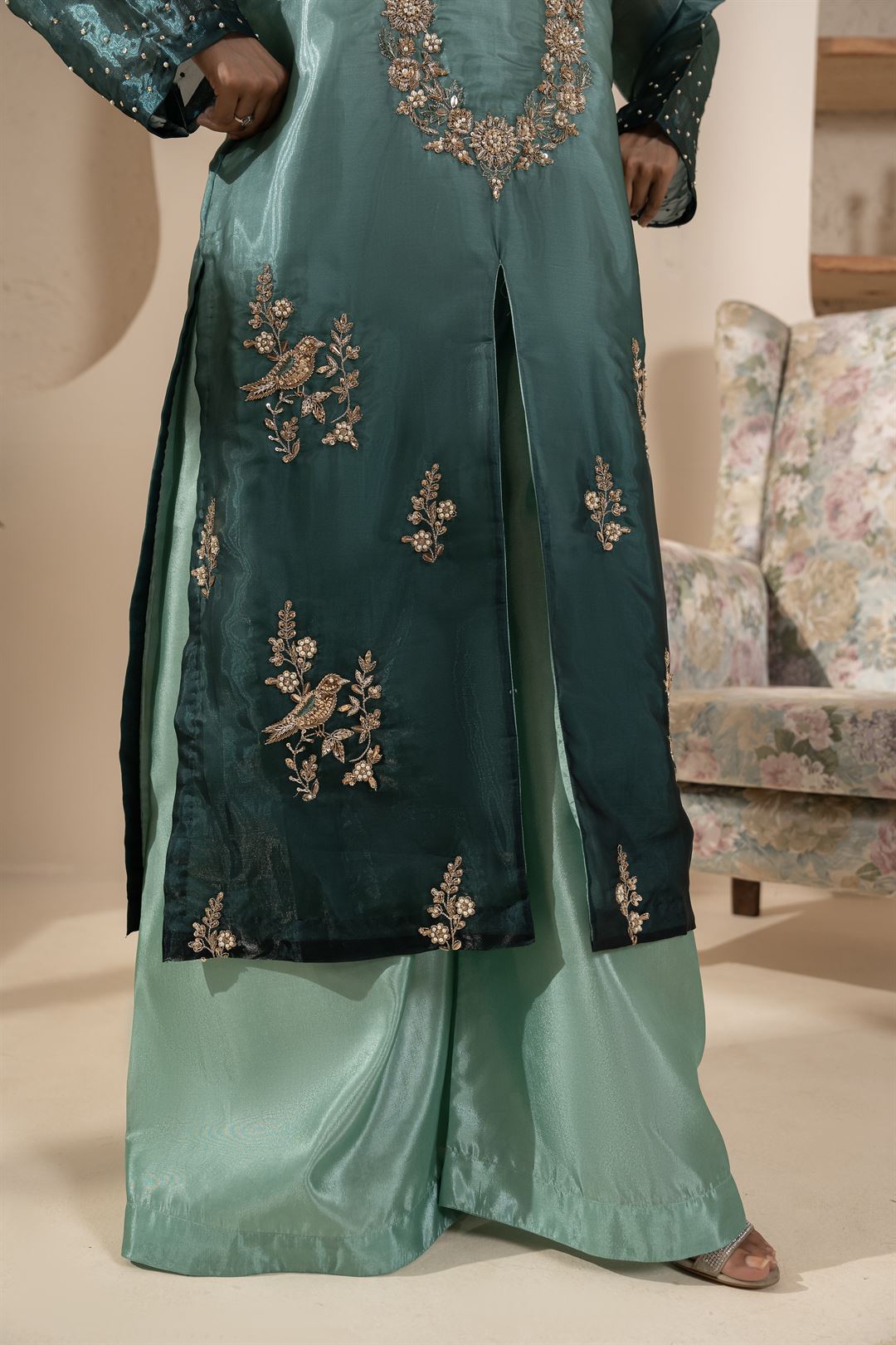 Luxury Teal & Sea Green 3-Piece Embroidered Silk Suit For Women