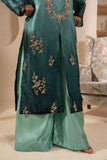 Luxury Teal & Sea Green 3-Piece Embroidered Silk Suit For Women