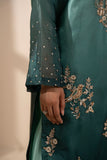 Luxury Teal & Sea Green 3-Piece Embroidered Silk Suit For Women