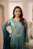 Luxury Teal & Sea Green 3-Piece Embroidered Silk Suit For Women