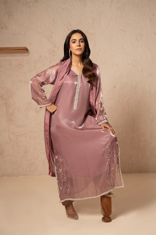 Zarmin Mauve Shine – Luxury 3-Piece Silk Kaftan Suit For Women