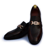 Maroon Polished Printed Leather With Golden Buckle Shoes For Men