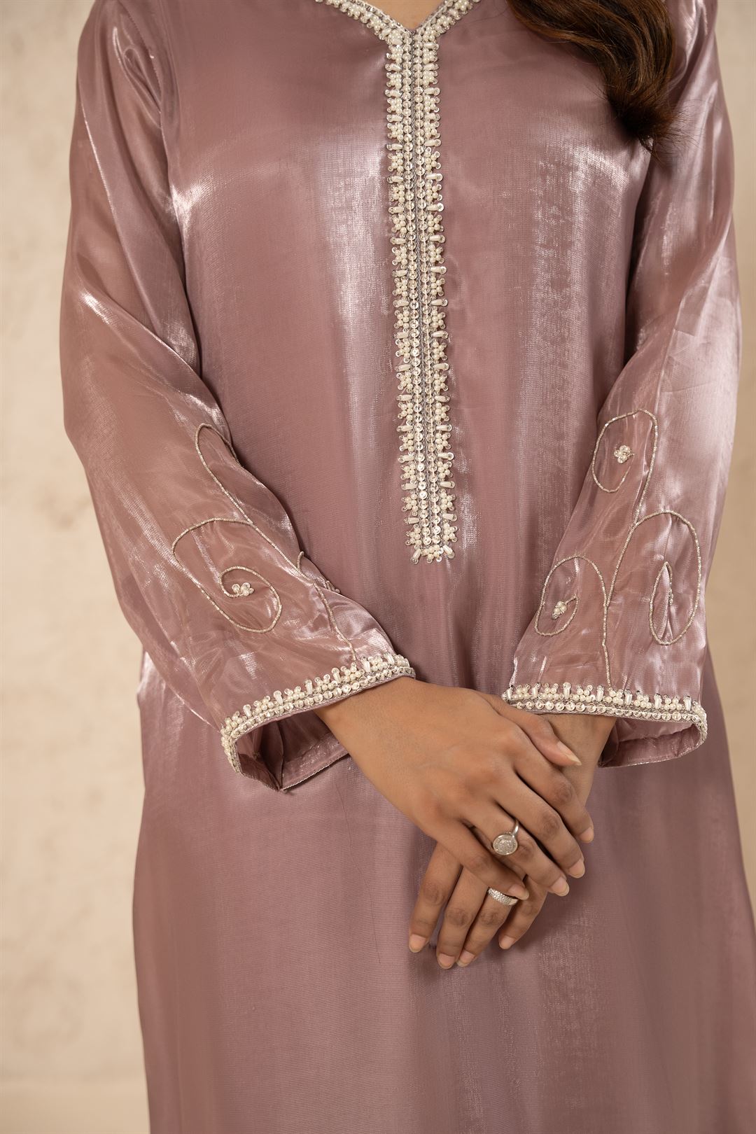 Zarmin Mauve Shine – Luxury 3-Piece Silk Kaftan Suit For Women
