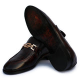 Maroon Polished Printed Leather With Golden Buckle Shoes For Men