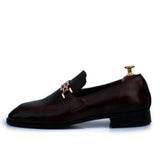 Maroon Polished Printed Leather With Golden Buckle Shoes For Men